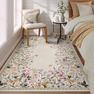 Washable 4x6 Rug for Bedroom, Floral Print Area Rug for Living Room