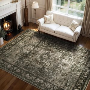 Olive Green Washable 5x7 Area Rugs for Living Room Rug Bedroom Rug-Carpet Neutral Vintage Dining Room Rugs for Under Table Soft Comfortable Non Slip
